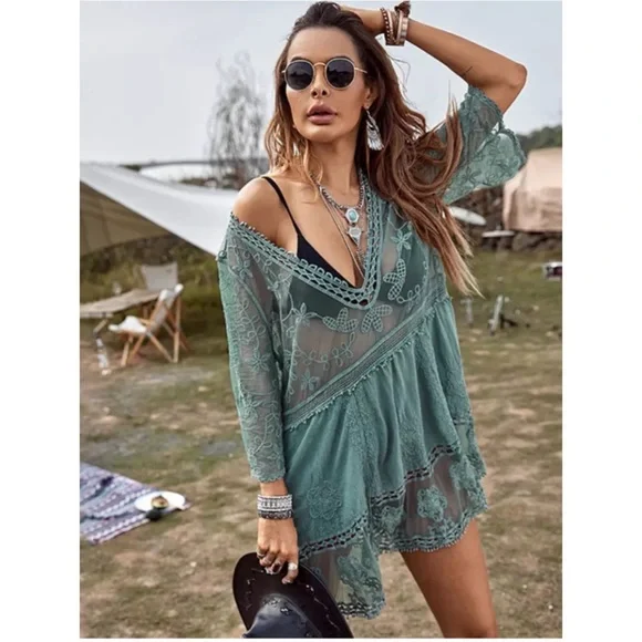 New Bohemian V Neck Crochet Mesh Dress - Picture 2 of 5